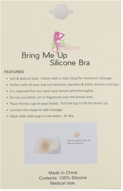 Back of the packaging card for the 'Bring Me Up Silicone Bra' by Fullness, featuring product features, instructions, and a small inset image of the silicone cup.