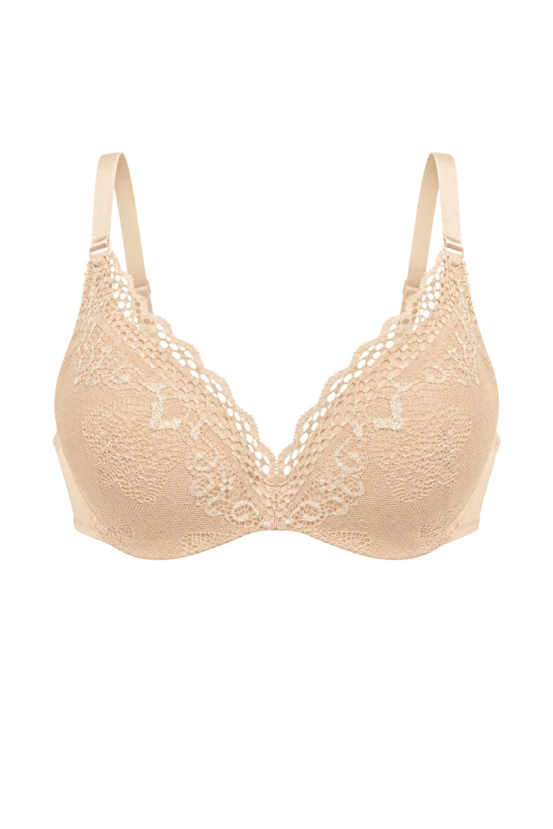 A beige lace underwire bra with adjustable shoulder straps, shown against a plain white background.