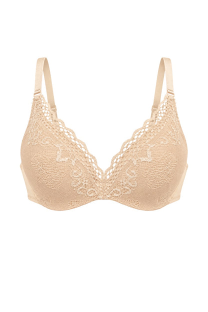 A beige lace underwire bra with adjustable shoulder straps, shown against a plain white background.