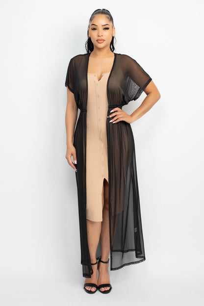 Drawstring Sheer Mesh Kimono
