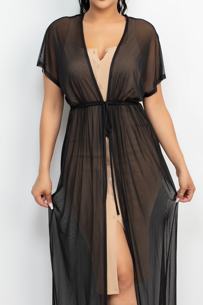 Drawstring Sheer Mesh Kimono