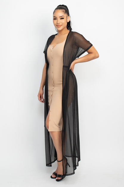 Drawstring Sheer Mesh Kimono