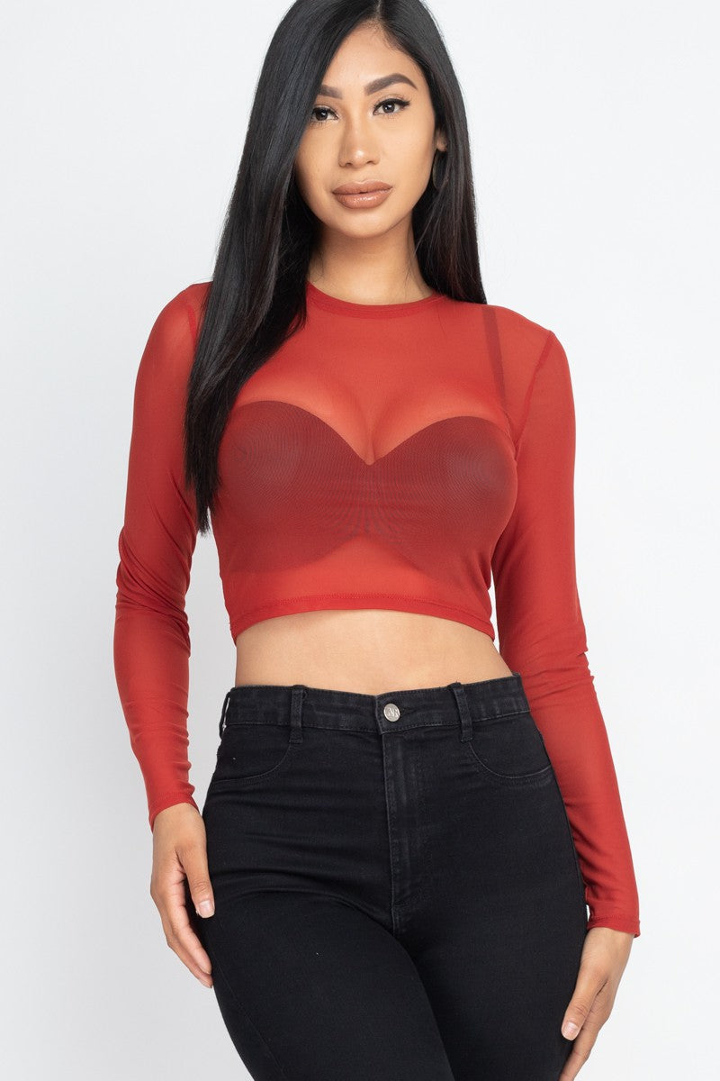 Mesh Long Sleeve Crop Top - Rust