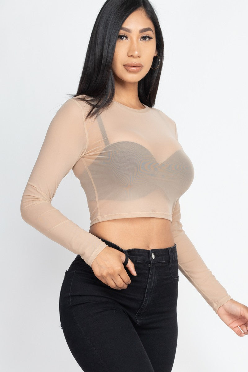 Mesh Long Sleeve Crop Top - Khaki