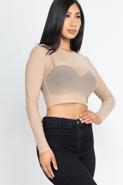 Mesh Long Sleeve Crop Top - Khaki