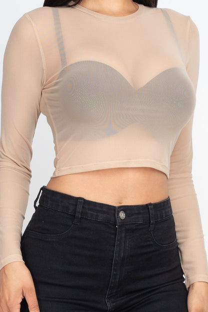 Mesh Long Sleeve Crop Top - Khaki