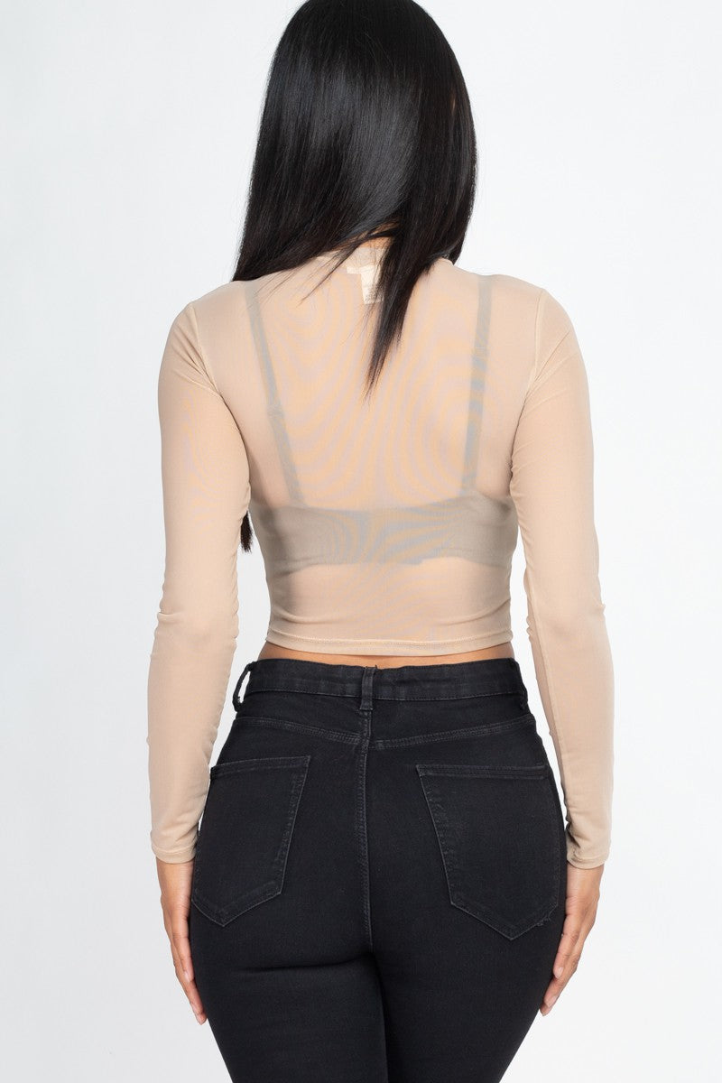 Mesh Long Sleeve Crop Top - Khaki