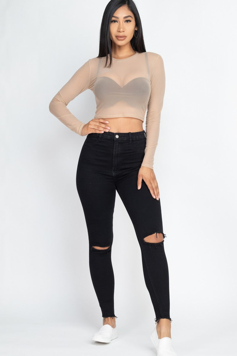 Mesh Long Sleeve Crop Top - Khaki