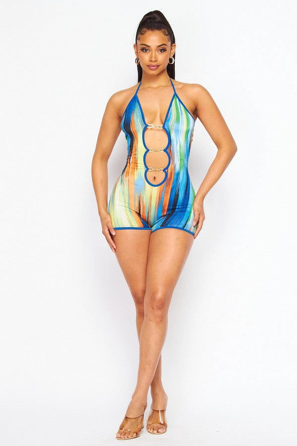 Print Halter Tie Romper With Dainty Gold Chains