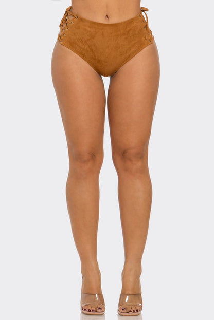 Solid Suede Lace Up Panty Shorts