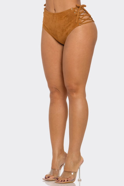 Solid Suede Lace Up Panty Shorts