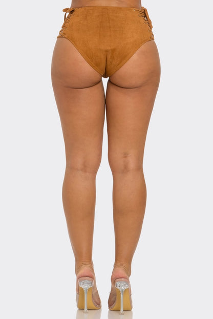 Solid Suede Lace Up Panty Shorts