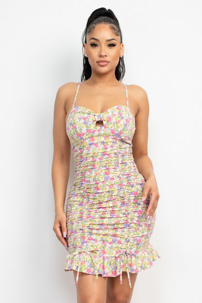 Woman wearing a floral dress on a white background