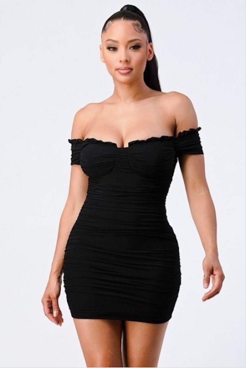 Femme Fatale Mesh Off Shoulder Dress - Black