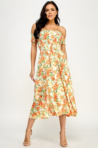 Floral Print Off Shoulder Side Slit Dress - Orange