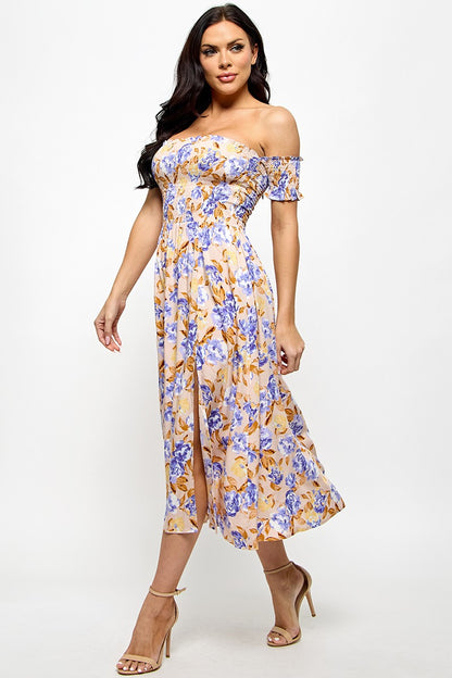 Floral Print Off Shoulder Side Slit Dress - Blue