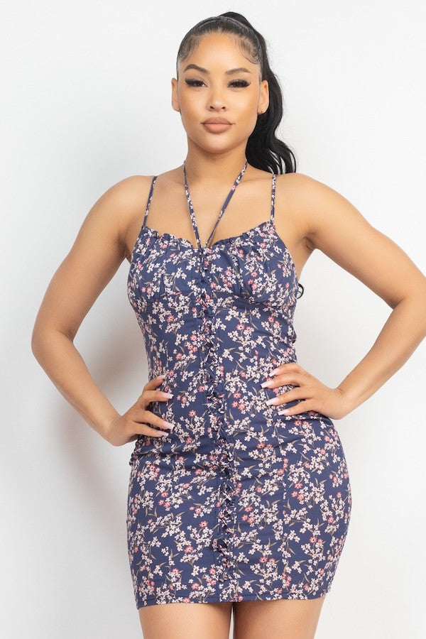 Front-Tie Floral Bodycon Dress