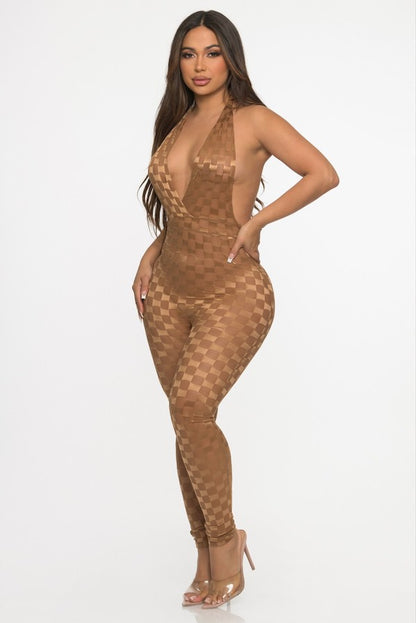 Checker Texture Mesh Jumpsuit - Brown