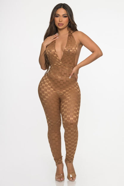 Checker Texture Mesh Jumpsuit - Brown