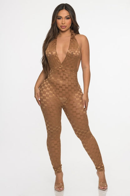 Checker Texture Mesh Jumpsuit - Brown