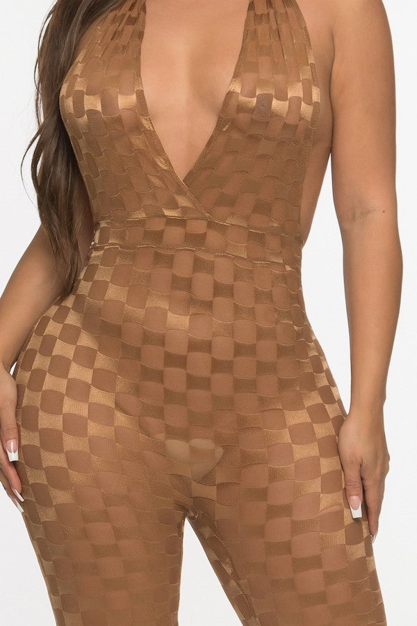 Checker Texture Mesh Jumpsuit - Brown