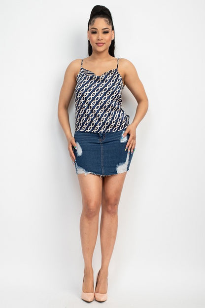 Chain Print Cowl Neck Top - Navy