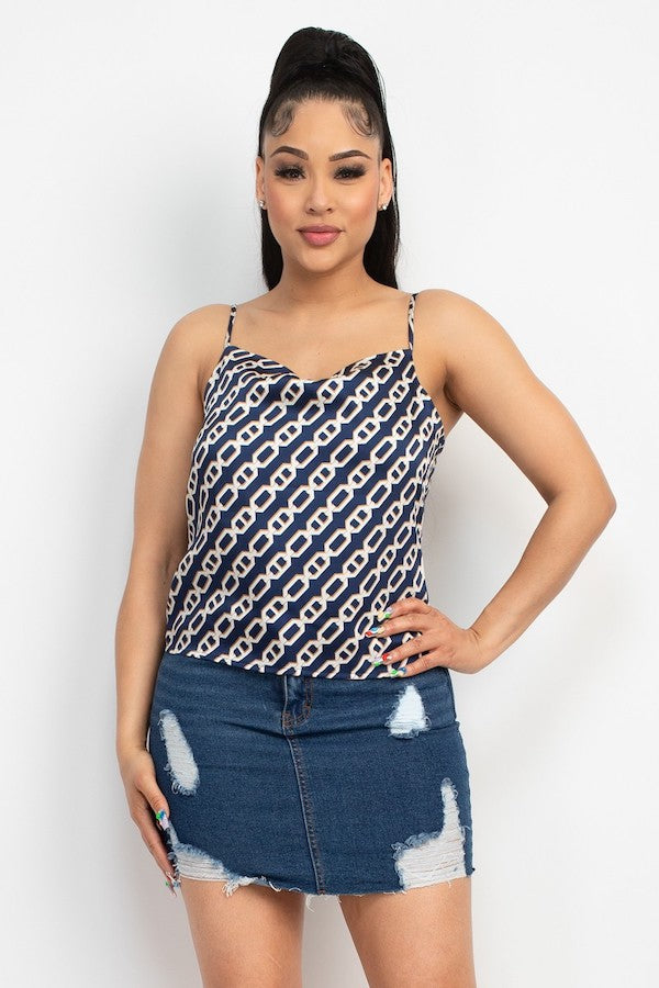 Chain Print Cowl Neck Top - Navy