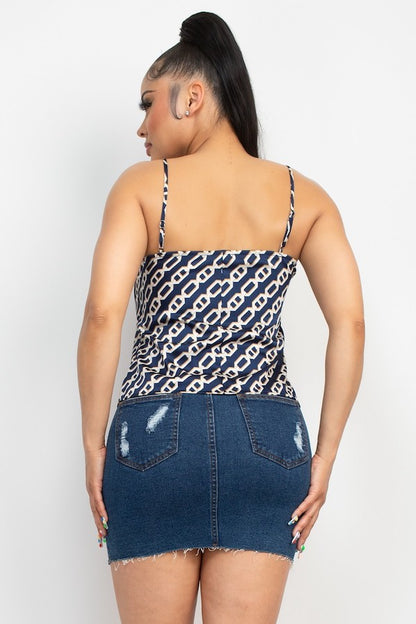 Chain Print Cowl Neck Top - Navy