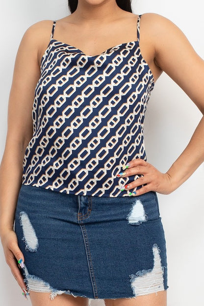 Chain Print Cowl Neck Top - Navy