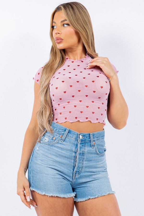 Embroidered Glitter Hearts Mesh Top