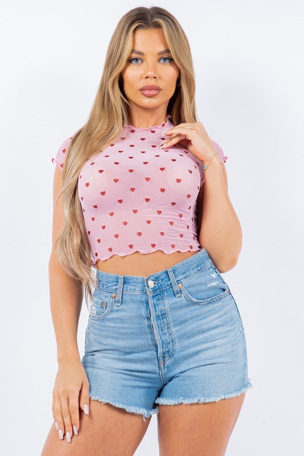 Embroidered Glitter Hearts Mesh Top