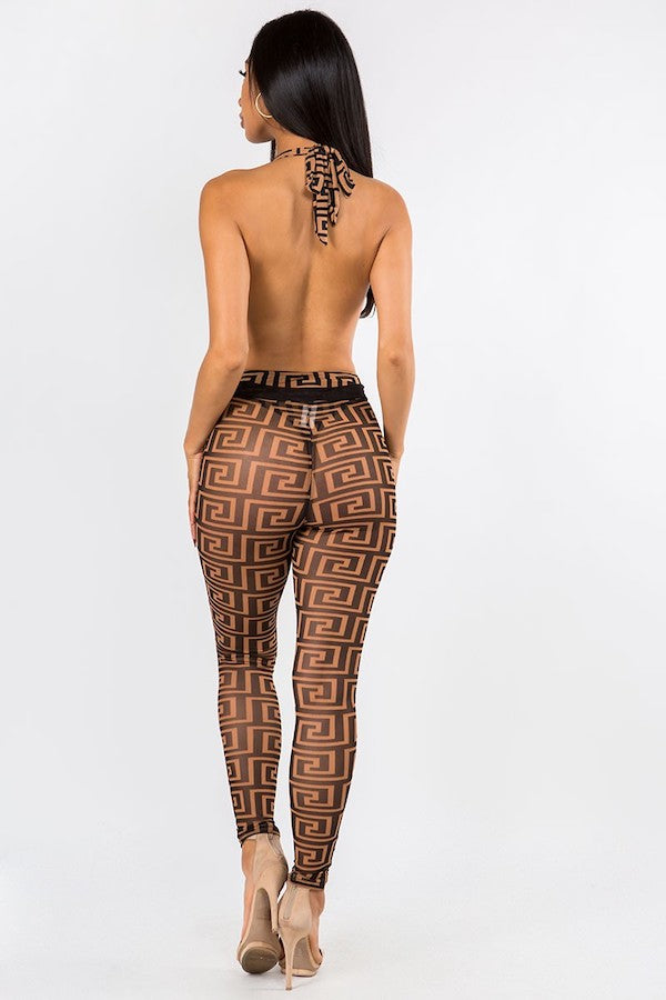 Bodysuit Lined Mesh Print Leggings Set