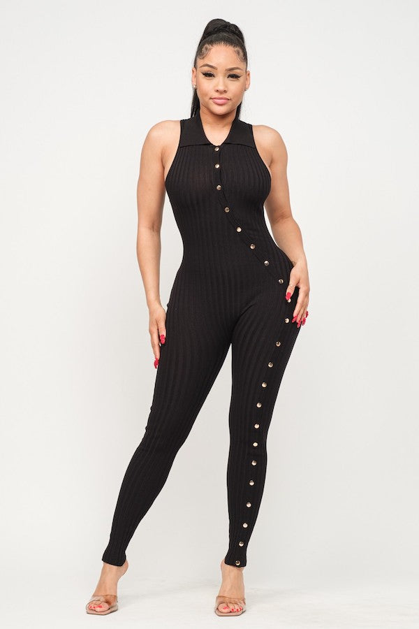 Sleeveless Buttons Down Jumpsuit W/ Collar