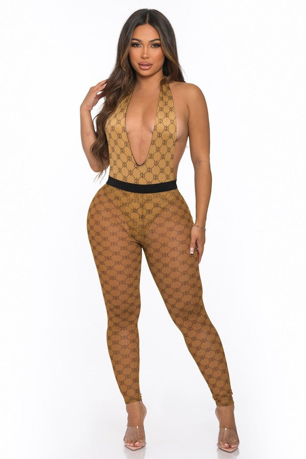 Bodysuit Lined Mesh Print Leggings Set