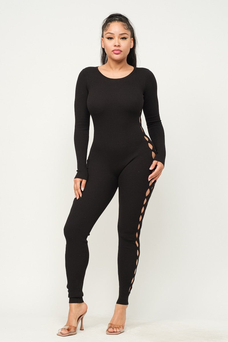 Long Sleeve Cutout Ribbed Catsuit - Black