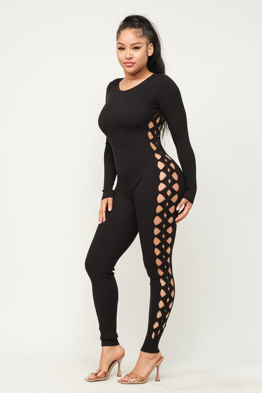 Long Sleeve Cutout Ribbed Catsuit - Black