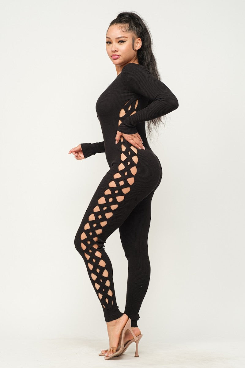 Long Sleeve Cutout Ribbed Catsuit - Black