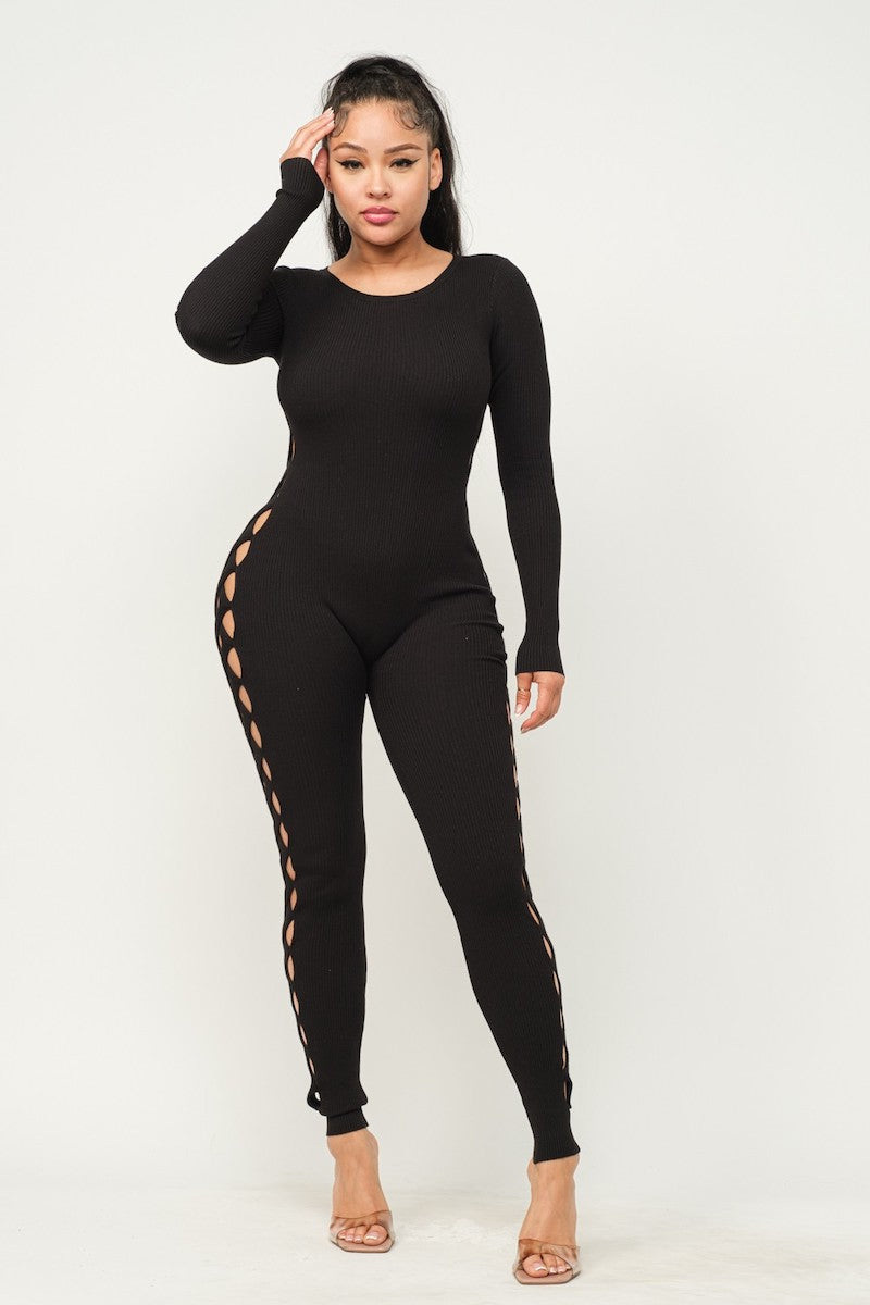 Long Sleeve Cutout Ribbed Catsuit - Black