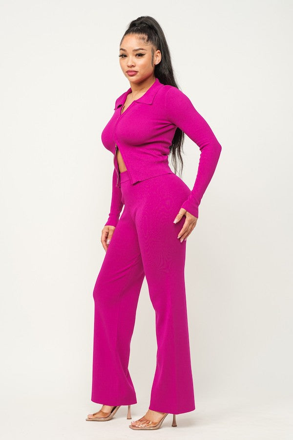 2 Piece 2 Way Zipper Top & Wide Pants Set