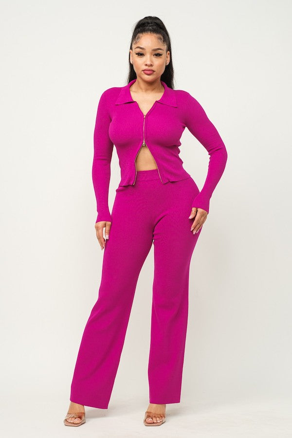 2 Piece 2 Way Zipper Top & Wide Pants Set