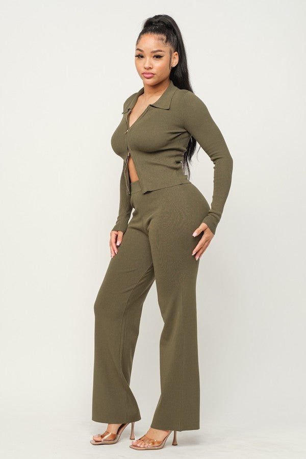 2 Piece 2 Way Zipper Top & Wide Pants Set