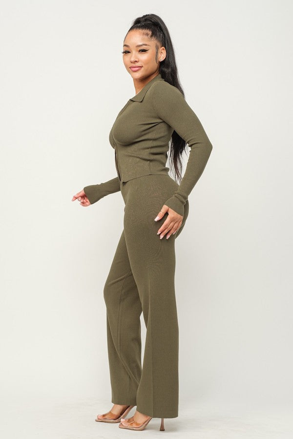 2 Piece 2 Way Zipper Top & Wide Pants Set