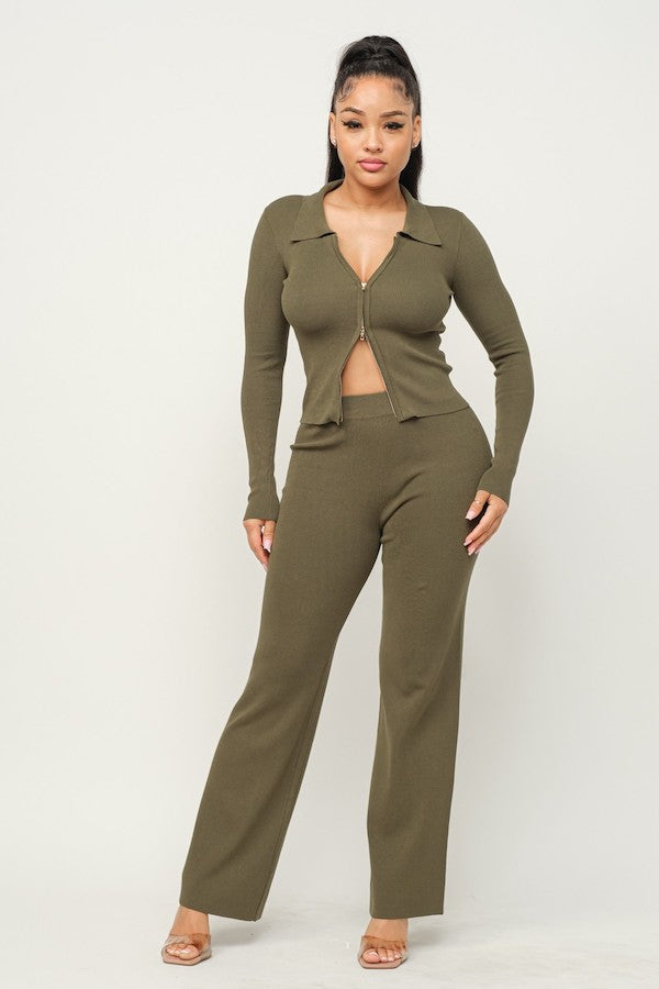 2 Piece 2 Way Zipper Top & Wide Pants Set