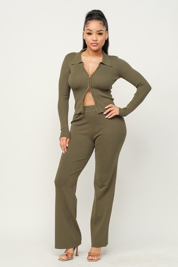 2 Piece 2 Way Zipper Top & Wide Pants Set