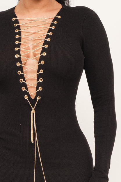 Long Sleeve Chain Laceup Mini Dress