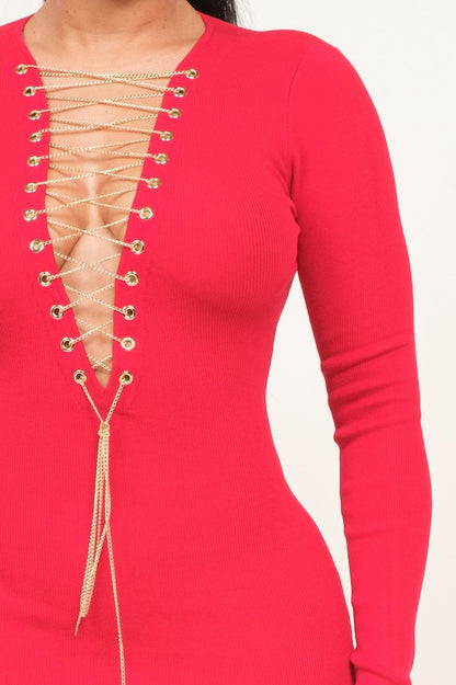 Long Sleeve Chain Laceup Mini Dress