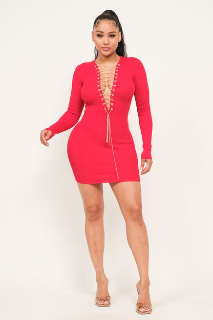 Long Sleeve Chain Laceup Mini Dress