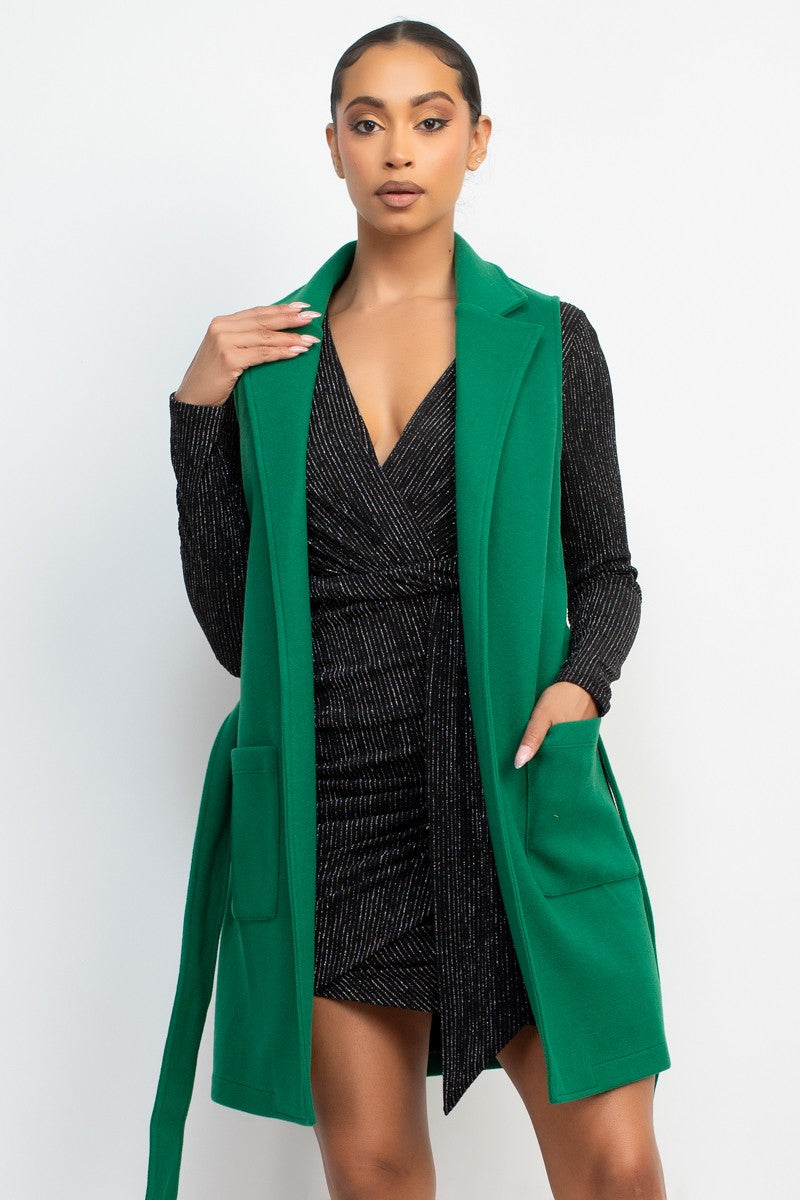 Belted Longline Sleeveless Coat