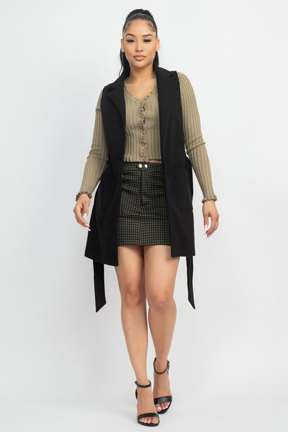 Belted Longline Sleeveless Coat