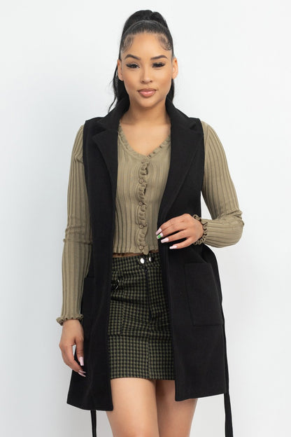 Belted Longline Sleeveless Coat